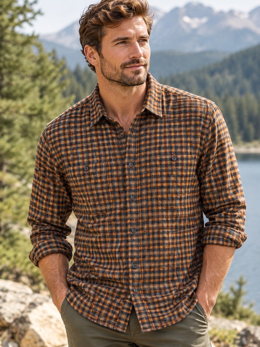 Bonobos Men’s Blue & Orange Plaid Flannel Button-Up Shirt | XL | Standard Fit